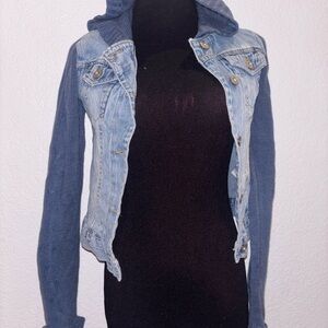 Blue Denim and Knit Hooded Jacket